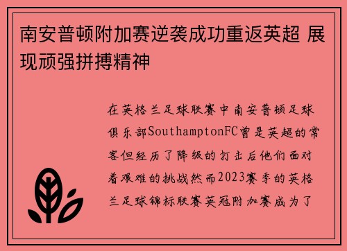 南安普顿附加赛逆袭成功重返英超 展现顽强拼搏精神 南安普顿附加赛逆袭成功重返英超 展现顽强拼搏精神