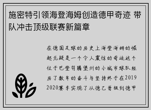施密特引领海登海姆创造德甲奇迹 带队冲击顶级联赛新篇章